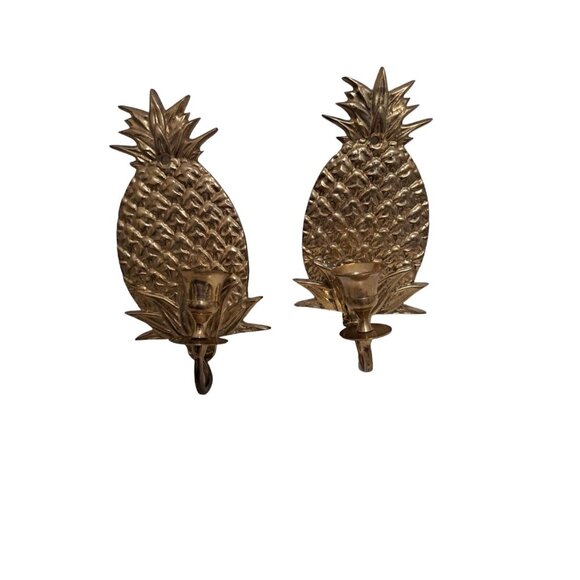 Vintage Brass Pineapple Wall Sconces Candle Holders Mid Century Modern MCM  FLAW - Picture 6 of 13